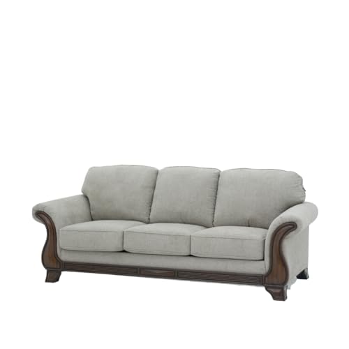 Image of Royaloak Amber Fabric Sofa 3 Seater | Soft Grey Upholstery with Thick Cushions | Designer Wooden Arm Panels and Wood Finish Skirting | 3 Seater Sofa with Super Soft Cushions for Comfort