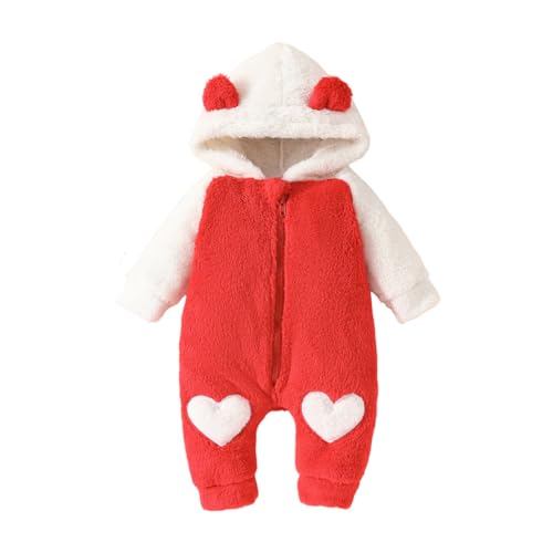 Surakey Baby Fleece Jumpsuits Infant Bear Ear Snowsuit Newborn Hooded Romper Warm Coat Fleece Lined Onesie Outfits Red 9-12 Months