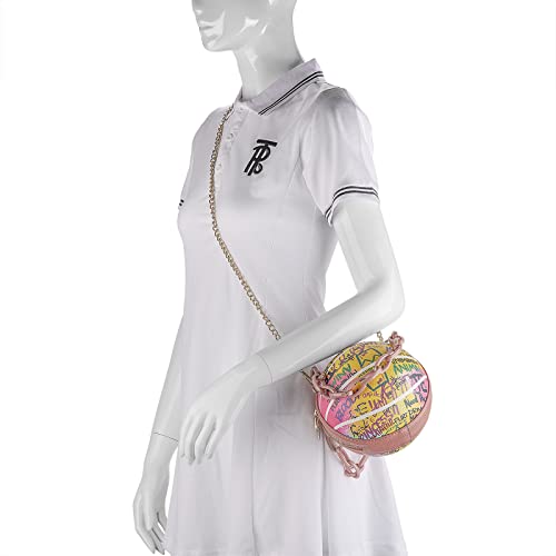 Linkidea Mini Basketball Shaped Purses for Women, Graffiti Letter Girls Small Cute Round Bag, Fashion Vegan Leather Shoulder Crossbody Messenger Handbag (Pink)4