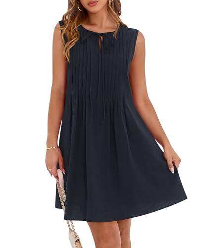 Image of BTFBM Womens Summer Mini Dress 2026 Sleeveless Crew Neck Cute Bow Tie Front Loose Pleated Casual Short Dresses Pockets