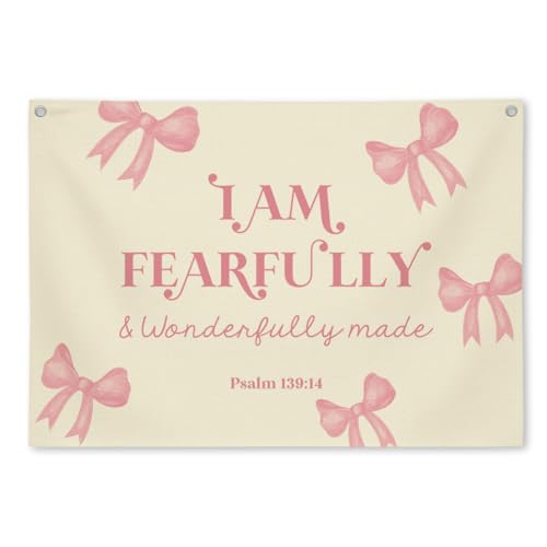 BONETAT 'I Am Fearfully And Wonderfully Made' Pink Bow Bible Verses Wall Decor Linen Banner For Baby Girl Nursery,Christian Wall Art Playroom Accent For Toddler And Teen Girls Room Aesthetic-b05