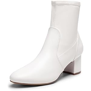 DREAM PAIRS Women's Fitted Stretch Ankle Boots Fashion Low Chunky Heel Almond Toe Fall Heeled Booties Shoes 7.5 White-pu