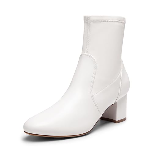 DREAM PAIRS Women's Fitted Stretch Ankle Boots Fashion Low Chunky Heel Almond Toe Fall Heeled Booties Shoes 7 White-pu