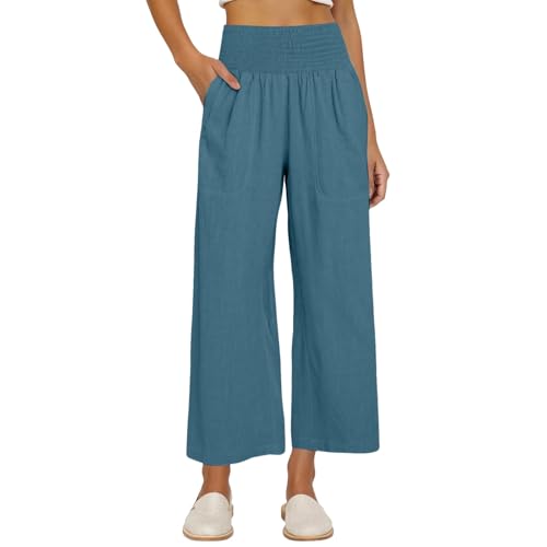 MCILLO Linen Pants Women Elastic High Waist Loose Wide Leg Lightweight Breathable Sweatpants with Pockets Womens Linen Pants2