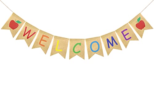FAKTEEN Jute-Banner mit Apfelschild für den ersten Schultag, Klassenzimmer, bunte Girlande für den Schulanfang, Partyzubehör Cover