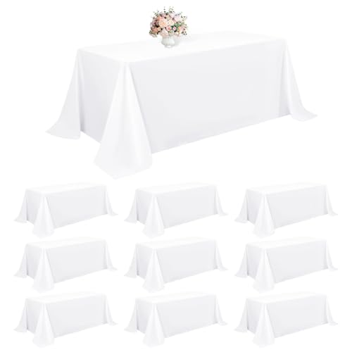 10 Packs White Polyester Tablecloth 90 x 132 inch Rectangle Table Cloth for 8 Foot Tables Wrinkle Resistant Washable Fabric Table Cover Polyester White Table Cloth for Party, Wedding, Banquet