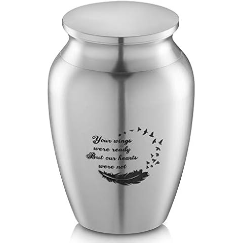 PREKIAR Small Urns Keepsake for Ashes Funeral Cremation Small Boxes for Human Pets Ashes Stainless Steel Memorial Ashes Holder (Silver -Your Wings were Ready) Cover