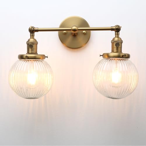 Image of PERMO 2 Lights Sconce with Switch Industrial Gold Wall Sconce Lighting with Ribbed Globe Lampshade Vintage Double Wall Sconce Bathroom Sconce, Hardwired, E26 Base