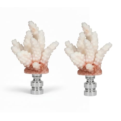 Image of Royal Designs, Inc. Sea Life Lamp Finial, Large Coral, Two-Tone White, Polished Silver Base, Replacement Finial for Table or Floor Lamps, Set of 2