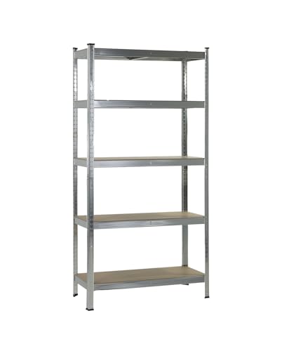BRINDEK Estantería Metálica de Almacenaje Acero Galvanizado + 5 baldas MDF Ajustables   180x90x40 cm   Capacidad 875 kg   Sin Tornillos   Garaje, Almacén, Trastero (Galvanizado)