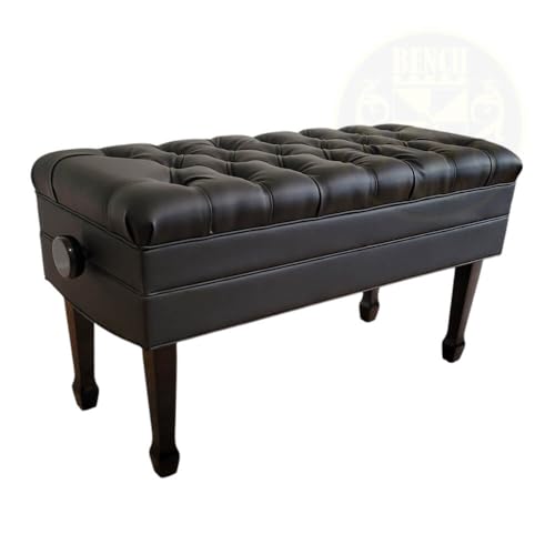 Benchworld Maestro PRO 1G PE, Solid Wood Adjustable Grand Duet Concert Piano Bench, Grand Duet 34' Long, 15' Wide, Deluxe Bonded Leather Firm Seat with Deep Diamond Tufted Buttons