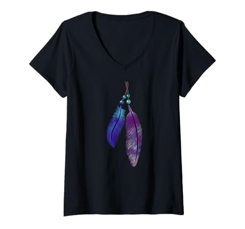 Damen T-Shirt Federn auf einem Band mit Perlen, Aquarell-Stil. T-Shirt mit...