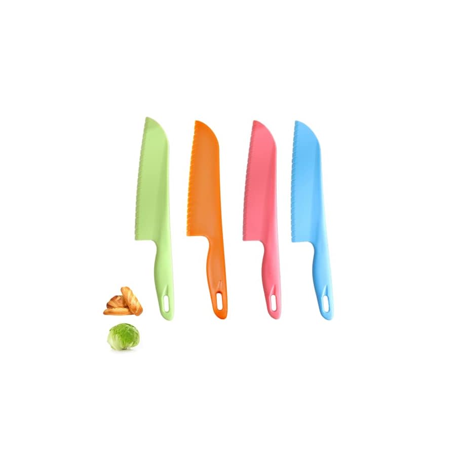 jawbush 11" Plastic Serrated Knives Set to Cut Salad, Bread, Brownies or Lasagna, Professional Large Lettuce Knife to Prevent Browning, Nylon Knife for Nonstick Pans, Durable Chef's Knife, 4 Pcs