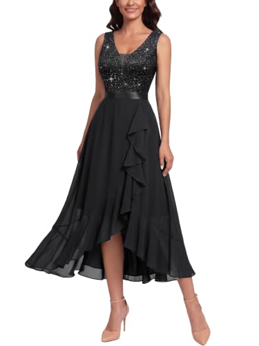 Image of Miusol Women's Deep V-Neck Sequined Lace Sleeveless Evening Party Dress | Ruffle Design, Chiffon Hem, Perfect for Cocktail Parties and Banquets