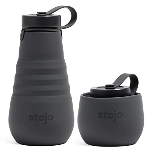 STOJO Collapsible Water Bottle – Carbon Gray, 20oz / 592ml - Leak-Proof Reusable Silicone Travel Cup for Hot & Cold Drinks - Microwave & Dishwasher Safe - AS SEEN ON TODAY SHOW