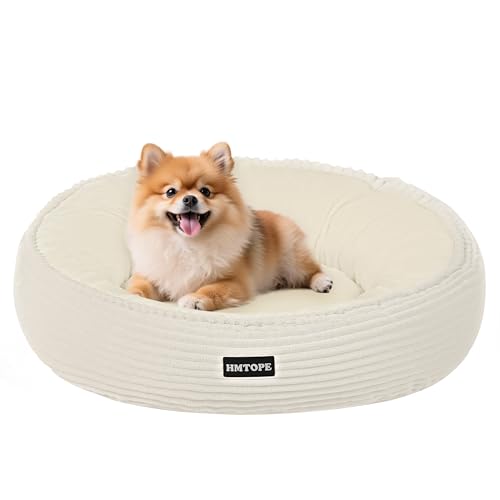 HMTOPE Hundebett Kleine Hunde, Katzenbett Waschbar, Kuscheliges Hundekissen, Rund Cord Hundekorb, Donut, Hundesofa, Abnehmbar und rutschfest, Ø 60 cm, Beige