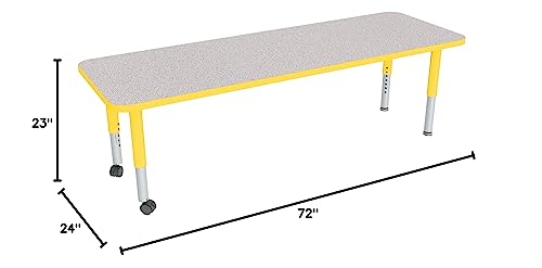 Image of Sprogs Adjustable Height Mobile Classroom Activity Table for Preschools, Rectangle Preschool Activity Table with Casters, 24 inchD x 72 inchW x 23 inchH, Gray /Yellow