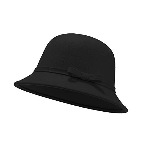 UltraKey Damen Filz Eimer Hut, verstellbare Vintage Bowler Wildleder Wollmütze mit Schleife Schwarz