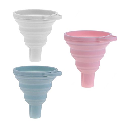 Akoak Portable Mini Silicone Foldable Funnel, Flexible Silicone Transfer Tools For Liquid And Powder In The Kitchen, Pack Of 3, White,Pink,Cyan #TOP11
