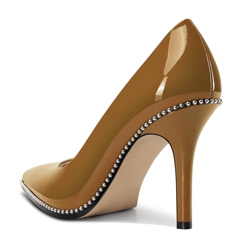 Image of TNYNFBEB Womens Stiletto Mid Heel Pointed Toe Pumps Slip-on Sliver Beaded Prom Wedding Dress Basic Classic Patent Leather 3.5 Inches Heels