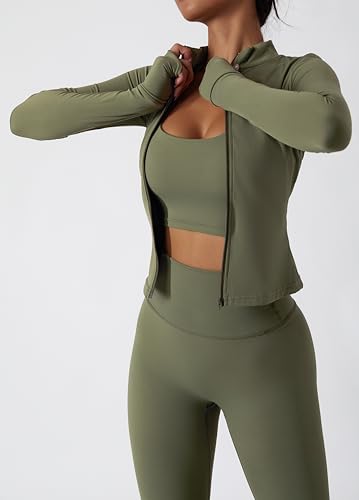 Yknktstc Womens Two Piece Tracksuit Set Long Sleeve Zipper Jacket with Athletic High Waist Leggings Workout Outfit, Army Green, Medium - Image 2
