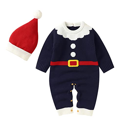RNTOP Newborn Christmas Sweater Romper Baby Boys Girls My First Christmas Outfit Infant Warm Jumper (Blue, 6-12 Months)
