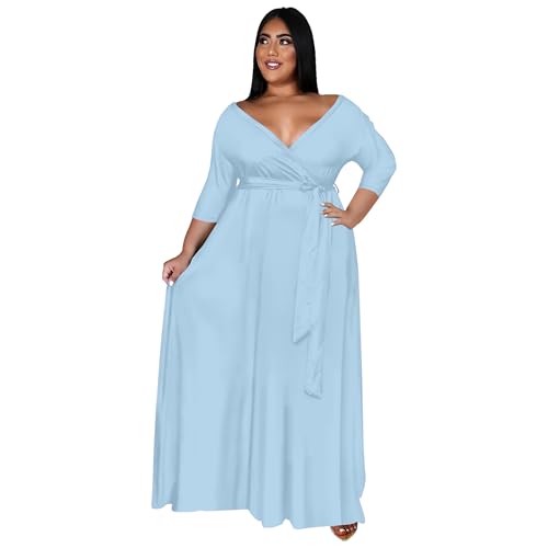 Image of Nmoder Plus Size Maxi Dress for Women - Summer Casual 3 /4 Sleeve Floral Flowy Long Dress with Belt XL- 6XL