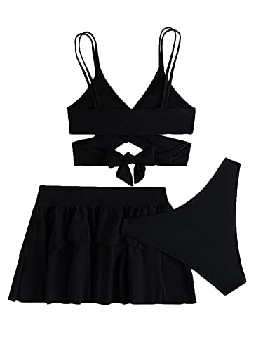Flatterme 3Pack Wrap Tiered Layer Bikini Swimsuit With Beach Skirt(22006-Black-M) #TOP3