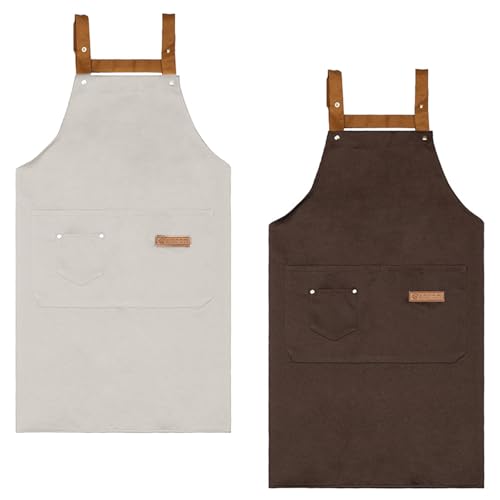 2 Pezzi Grembiule da Cucina Chef per Donna Uomo, Grembiule da Lavoro Tela, Grembiuli Cameriere Barbecue Regolabile con 3 Tasche per Ristorante Bar Cottura Caffetteria (Marrone chiaro+Marrone scuro)