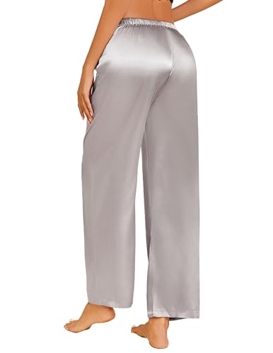 Image of Ekouaer Womens Silk Satin Pajama Lounge Pants Sleep Pj Bottoms with Pockets | Silky,Loose Wide Leg,Drawstring Elastic Waist,Casual,Loose,Elegant