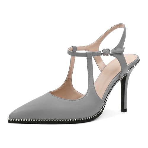Image of SAMMITOP Womens High Heels Ankle Strap Pointed Toe Stilettos Patent Leather Beaded Pumps Dress Shoes 3.5 Inch