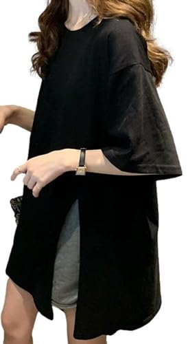 [1/2plus] ニブンノイチプラス t シャツ スリット 入り ロン 半袖 ワンピース ロング 丈 チュニック トップス チラ 見せ レディース (XL,黒)のサムネイル