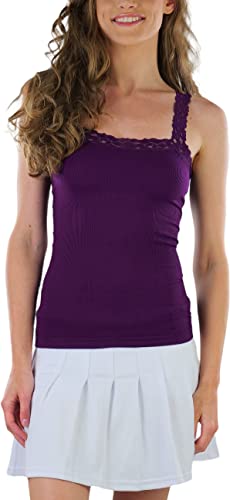 ToBeInStyle Womens Seamless Adjustable Camisole Top w-Floral Lace Trim Design - Plain Purple - One Size