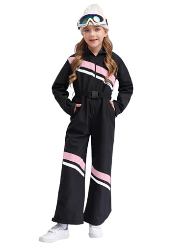 JEATHA Kids Girls Boys Ski Hooded Jumpsuit One Piece Snowsuits with Belt Ski Suits Jackets Waterproof Jumpsuits