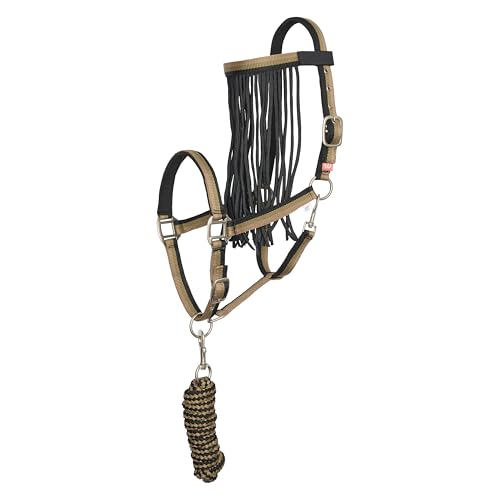 Imperial Riding Halfter-Set mit Anbindestrick & Fliegenfransen – Robustes Nylonhalfter mit Schnalle, Klettverschluss & Snap-Haken, komfortabel & pflegeleicht, Multi Olive, Pony