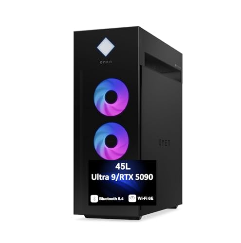 Image of HP OMEN 45L AI Gaming Desktop PC (Intel Ultra 9-285K, GeForce RTX 5090 32GB GDDR7, 32GB DDR5, 2TB PCIe SSD, RGB Fans, 360mm AIO, 1200W PSU, WiFi 6E, Bluetooth 5.4, RJ-45, Win 11 Home)