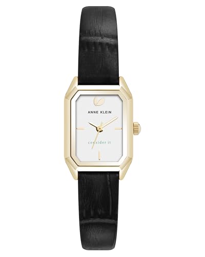 Anne Klein Women's Sustainable Leather Strap Watch, AK/5148 Black/Gold