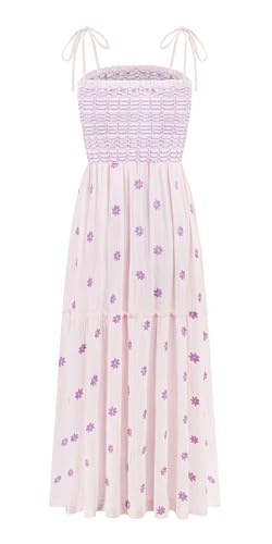 Image of R.Vivimos Womens Summer Cotton Boho Midi Dress 2026 Spaghetti Strap Floral Embroidered Smocked Tiered Flowy Long Dresses