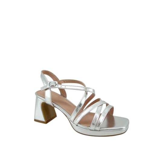 MODELISA - Sandalias de Tacón para Mujer, Tiras Cruzadas, Hebilla Ajustable Tobillo para Boda Fiesta Noche Evento Ceremonia (Plateado, Sistema tallas calzado EU, Adulto, Mujer, Números, mediano, 38)