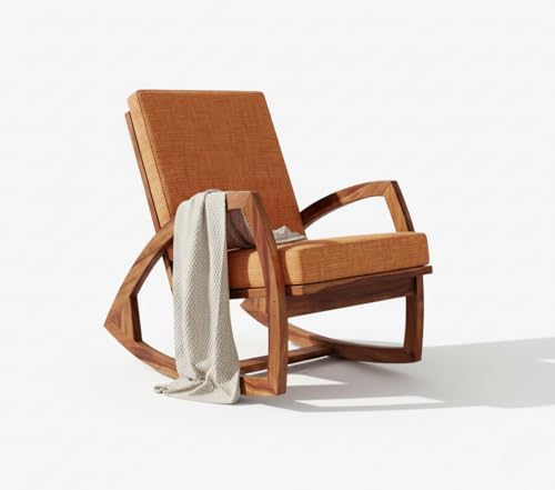 Image of Solid Sheesham Wood Rocking Chair for Living Room - Upholstered Relaxing Chair - Wooden Rocking Chair for Adults for Home Outdoor Indoor (Honey, Avery)