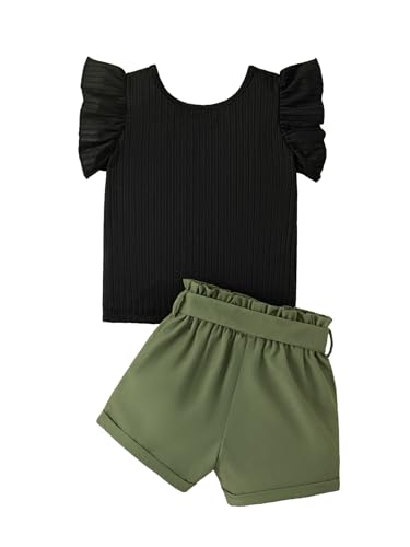 Image of Girls 2 Piece Outfits Summer Clothes Ruffle Short Sleeve Shirts Top and High Waist Shorts Set with Belt