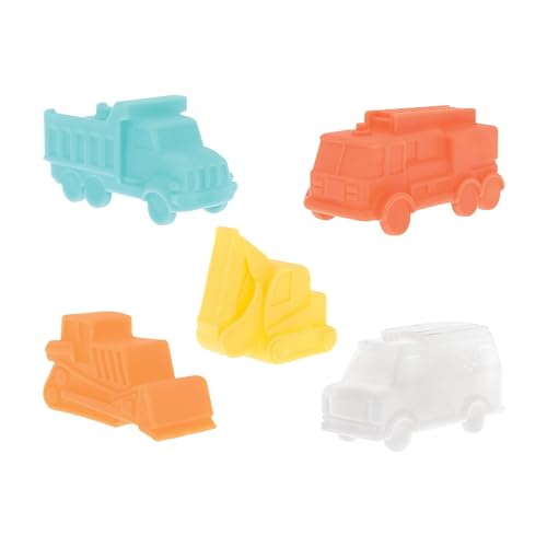 Image of Nuby Vehicle Bath Toys - 5-Pack - Soft, Stackable Toddler Bath Toys - No-Hole Design for Easy Cleaning - 6+ Months - Bulldozer, Excavator, Dump Truck, Ambulance, and Fire Truck