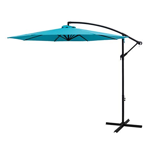 FLAME&SHADE 10 ft Cantilever Offset Outdoor Patio Umbrella with Cross Base Stand, Aqua Blue