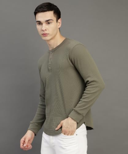 Image of Alan Jones Clothing Men's Regular Fit Waffle Henley Neck Long Sleeve T-Shirt | Cotton Waffle Knit | Casual Full Sleeve Top | Sizes S to 3XL