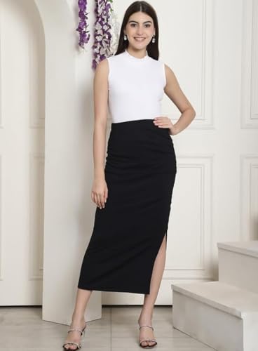 Image of Women's High Waist Bodycon Midi Skirt with Side Slit | Stretchy Pencil Skirt for Office, Casual Below Knee Length Elegant Slim Fit Skirt for Women