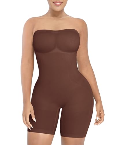 Image of SHAPELLX Women's Shapewear Bodysuits Tummy Control Butt Lifter Body Shaper Strapless Seamless Mid Thigh Jumpsuit Tops