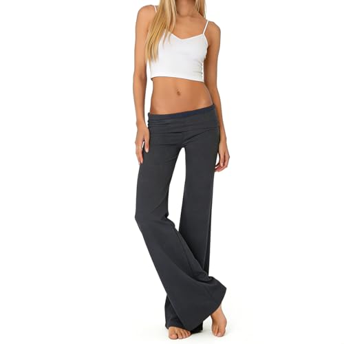 Image of Lounge Yoga Pants for Women Fold Over Low Waist Wide Leg Bell Bottoms | Y2K Foldover Pants, Flare Leggings, Low Rise Yoga Sweatpants
