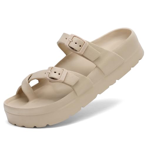 SOSOWHLTE Beige Beach Sandals for Women Comfortable Cloud Slides with Arch Support Adjustable Double Buckle Flat Sandals Size 6.5-7