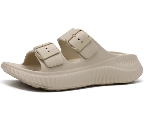 KuaiLu Womens Recovery Sandals Comfort Plantar Fasciitis Arch Support Ladies Orthopedic Adjustable Strap Sport Walking Slides Slip On Athletic Cushion Slippers Summer Pool Beach Sandles Beige Size 11