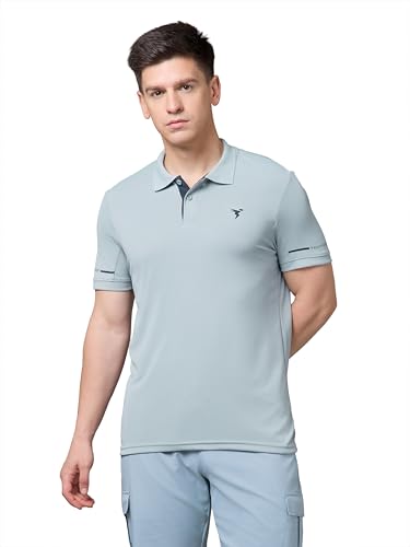 Image of TECHNOSPORT Men's Solid Slim Fit Polo Collar T-Shirt TECHNOCOOL+ Half Sleeve Button Polyester for Gym Running Workout UPF50+ Anti Odour